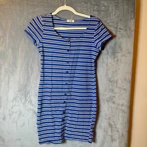 Heart & Hips Blue White Striped Button Front Bodycon T Shirt Dress Womens S